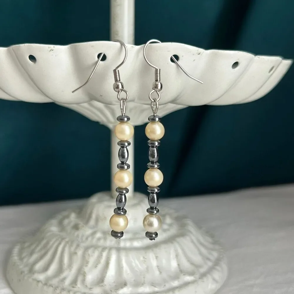 Handmade Hematite and Pearl Dangle Earrings